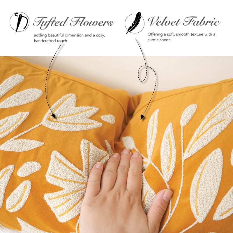 BlissBlush 14x36 Lumbar Pillow Cover for Bed, Yellow Mustard Rectangular Long Throw Pillowcase, Embroidered Velvet Floral Tufted Farmhouse Accent Cushion (Cover Only) - Image 5
