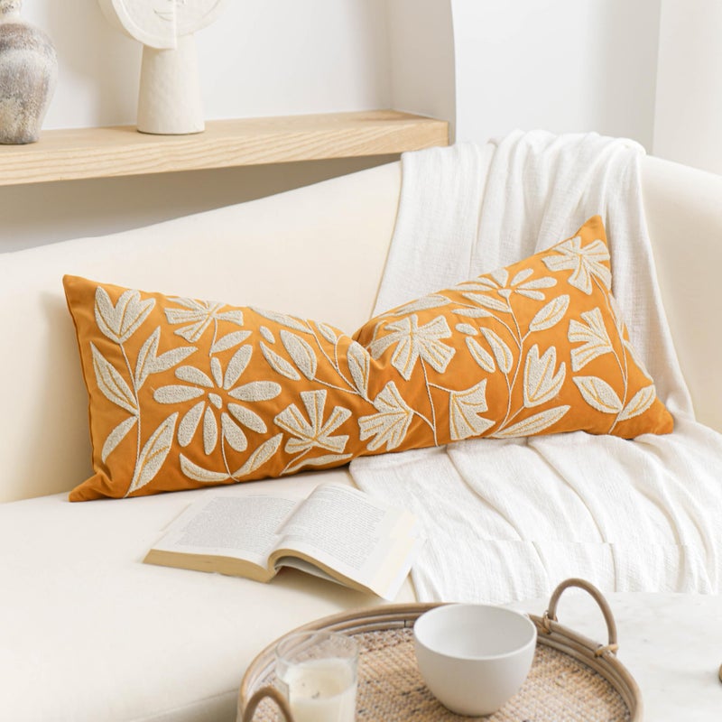 BlissBlush 14x36 Lumbar Pillow Cover for Bed, Yellow Mustard Rectangular Long Throw Pillowcase, Embroidered Velvet Floral Tufted Farmhouse Accent Cushion (Cover Only) - Image 1