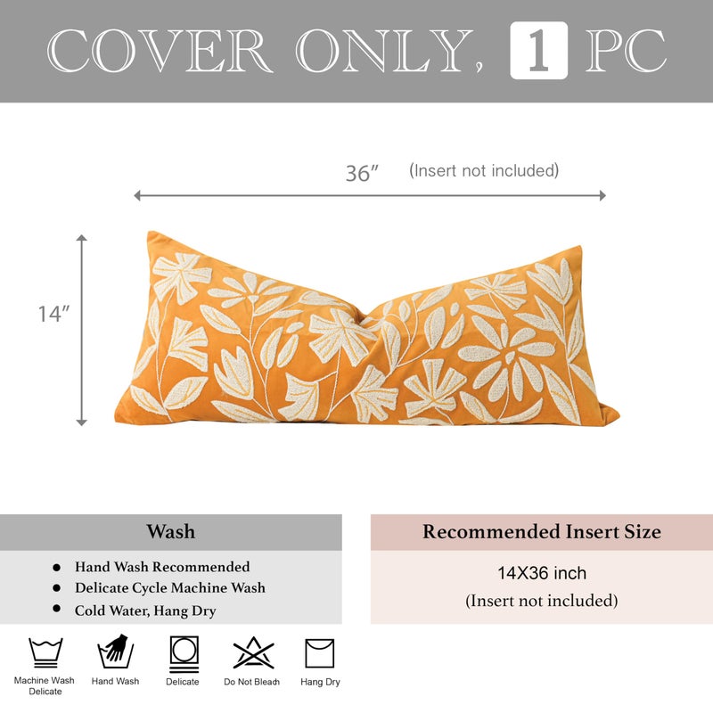 BlissBlush 14x36 Lumbar Pillow Cover for Bed, Yellow Mustard Rectangular Long Throw Pillowcase, Embroidered Velvet Floral Tufted Farmhouse Accent Cushion (Cover Only) - Image 4