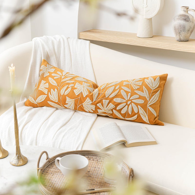 BlissBlush 14x36 Lumbar Pillow Cover for Bed, Yellow Mustard Rectangular Long Throw Pillowcase, Embroidered Velvet Floral Tufted Farmhouse Accent Cushion (Cover Only) - Image 3