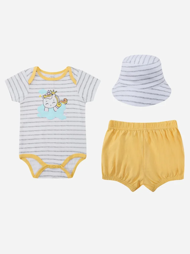 Mothers Choice Pack of 3 - Cotton Bodysuit and Shorts with Sun Hat 0-9M