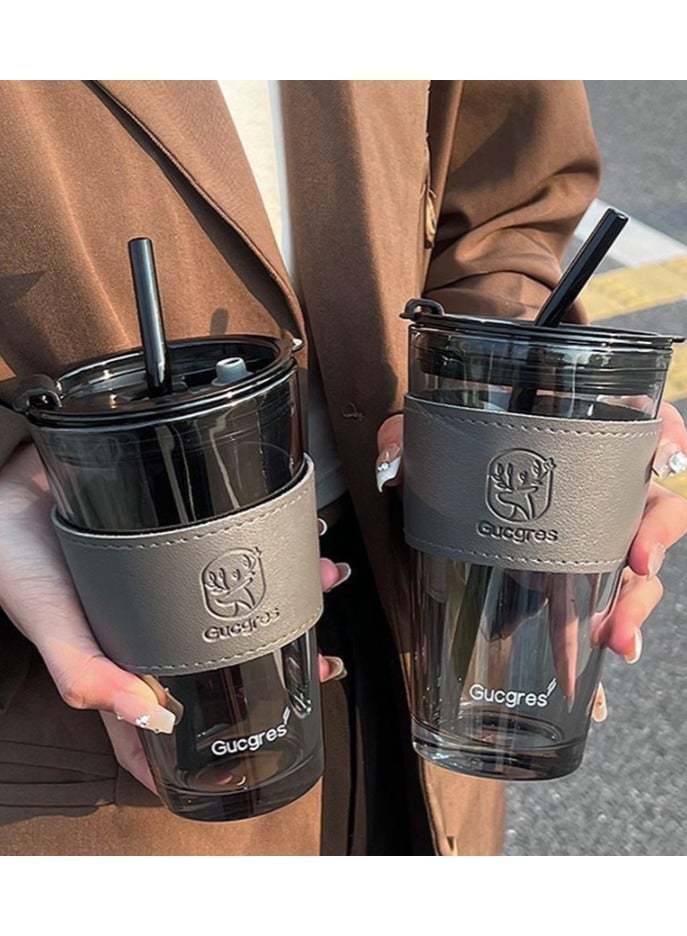 450ml Glass Coffee Tumbler with Straw and Lid Sealed Carry on, Glass Iced Coffee Cup, Leak-Proof Glass Tumbler Cup, Reusable Smoothie Mugs for Cold & Hot Drinks, Coffee, Tea, Shake (Grey)  - Image 2