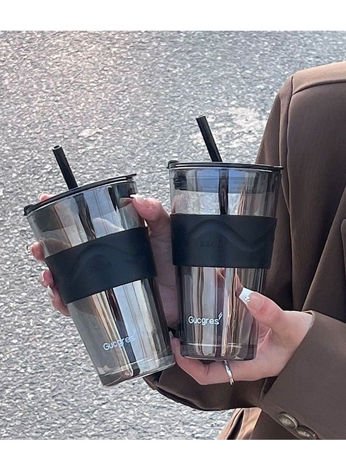 450ml Glass Coffee Tumbler with Straw and Lid Sealed Carry on, Glass Iced Coffee Cup, Leak-Proof Glass Tumbler Cup, Reusable Smoothie Mugs for Cold & Hot Drinks, Coffee, Tea, Shake (Grey)  - Image 1