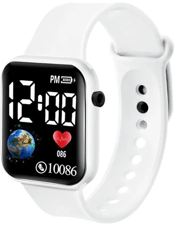 SWADESI STUFF 6 Colours LED Digital Watch for Kids - Waterproof Sports Electronic Wrist Watch with Luminous Display for Boys & Girls - Fashionable Square Design for Children & Baby (White) - Image 1