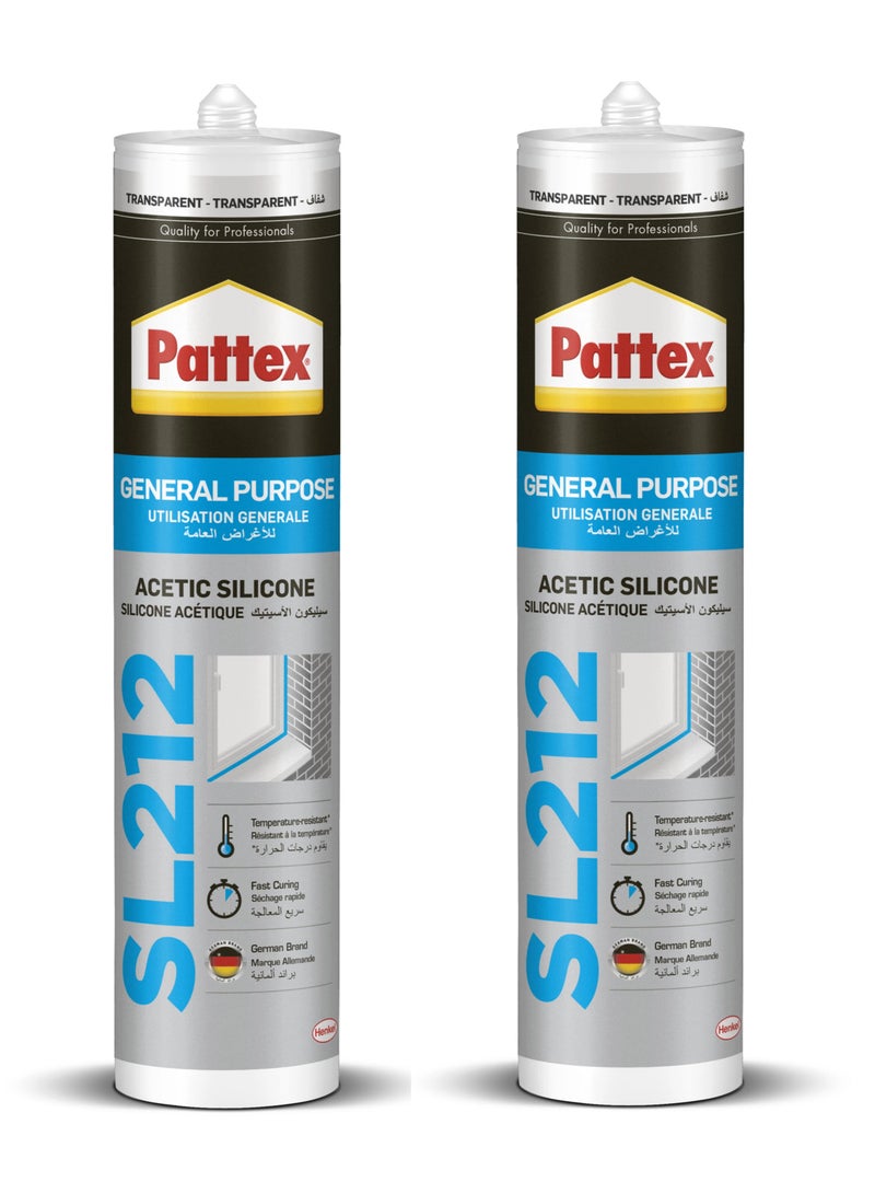 Pattex 2 Pack Of Pattex SL212 General Purpose Silicone Sealant - 280ml for Indoor & Outdoor Use , Transparent - Image 1