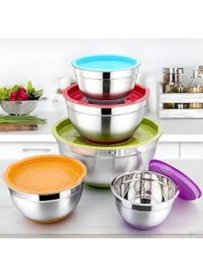 Mixer bowls set, 5 stainless steel pieces, different sizes