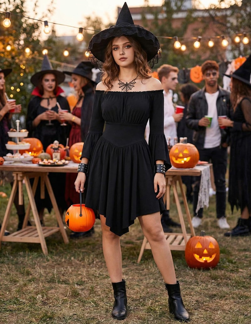 Scarlet Darkness Women Goth Witch Halloween Cosplay Costume Off Shoulder Bell Sleeve Dress Black M - Image 2