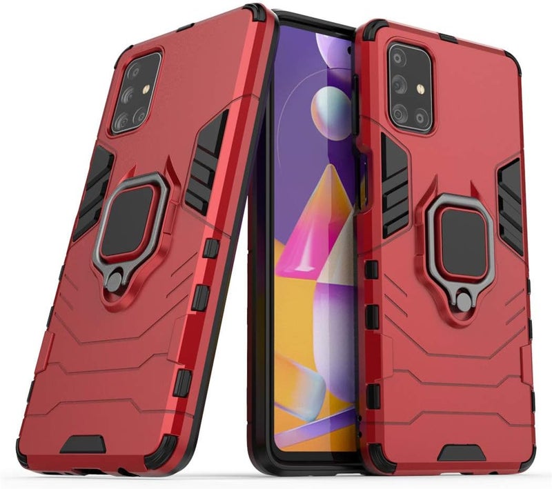 مايجين متوافق مع حافظة Samsung Galaxy M31S، حلقة معدنية للمقبض وحامل صدمات مقاوم للصدمات (يعمل مع حامل السيارة المغناطيسي) غطاء متين مزدوج الطبقة (أحمر) - Image 1