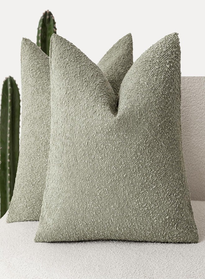 Foindtower Set of 2, Decorative Textured Boucle Throw Pillow Covers Accent Solid Pillow Cases Neutral Soft Couch Cushion Case for Chair Sofa Bedroom Living Room Home Decor 16x16 Inch Dirty Sage Green - Image 1