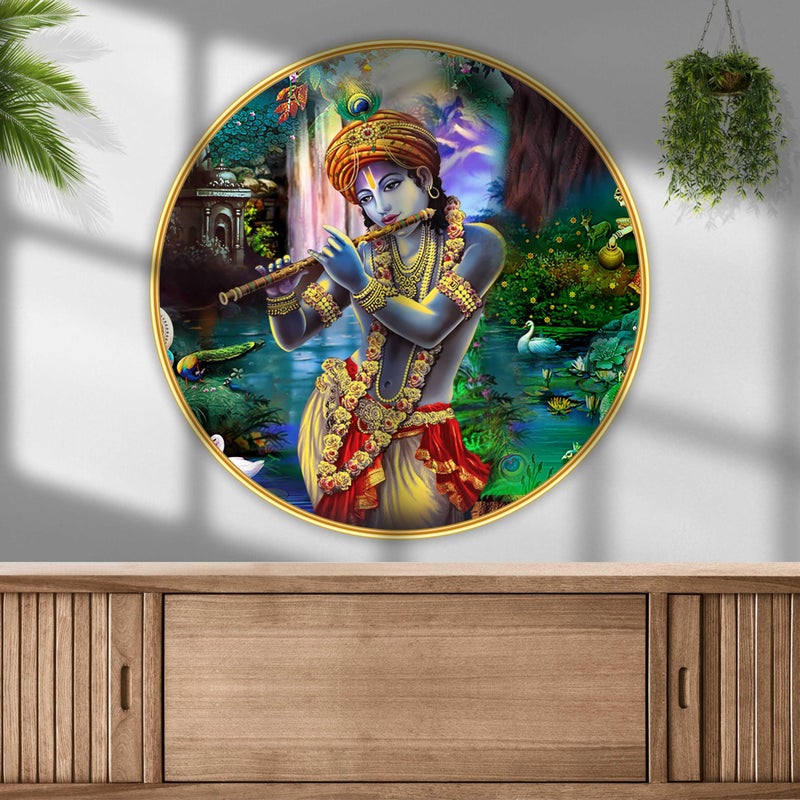 SAF Round Krishna Wall Painting | Lord Krishna Playing Flute with Scenic Background | UV Textured MDF Board with Golden Frame Look | Spiritual Wall Art for Home & Temple 23 Inch x 23 Inch - Image 5