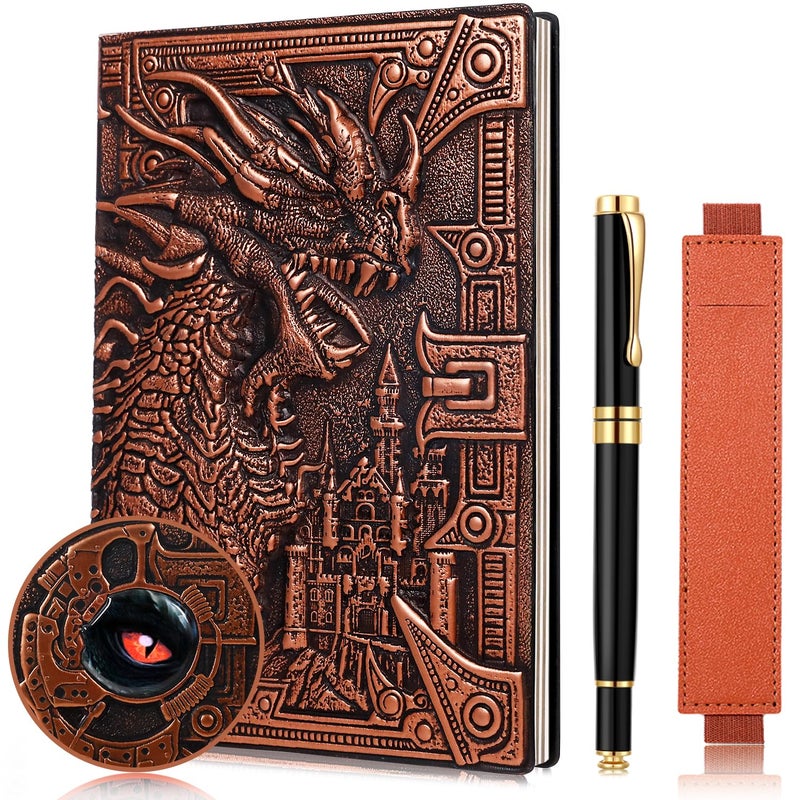 FEIDIAO Vintage DND Journal 3D Embossed Leather Notebook with Ballpoint Pen and Pen Sleeve.Handmade A5 Travel Journal,Hardcover Liner,Dragon Notebook Gift for Men&Women(Red Copper) - Image 1