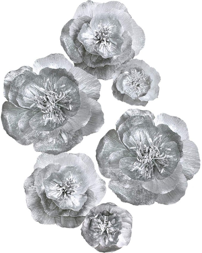 SILVER PAPER FLOWERS DECORATION FOR WALL HOME DECOR 3D FLOWERS WEDDING BACKDROP BIRTHDAY PARTY BABY SHOWER BRIDAL SHOWERSET 6