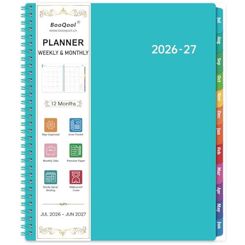 BooQool Planner 2026-2027 - Academic Planner 2026-2027, July 2026 - June 2027, 9" x 11" Planner Weekly and Monthly with Tabs, 26-27 Calendar Planner, Monthly Tabs, Premium Paper, Inner Pocket, Lake Green - Image 1
