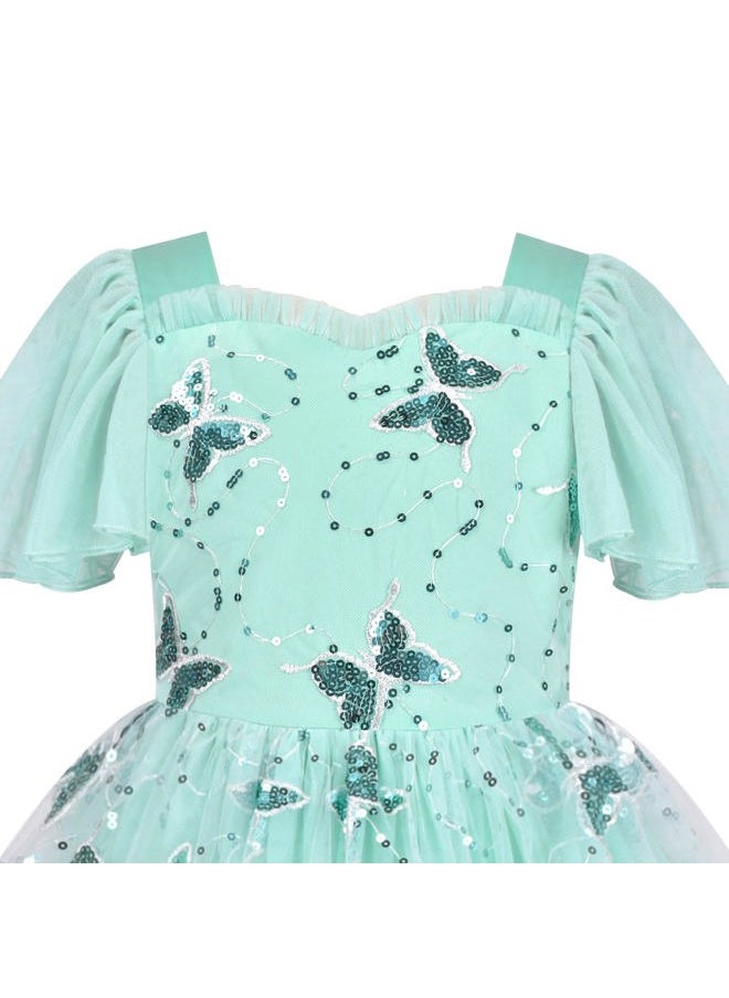 Sunny Fashion - Flower Girls Dress Aqua Green Butterfly Sequin Party Princess Formal Size 8 - Image 1