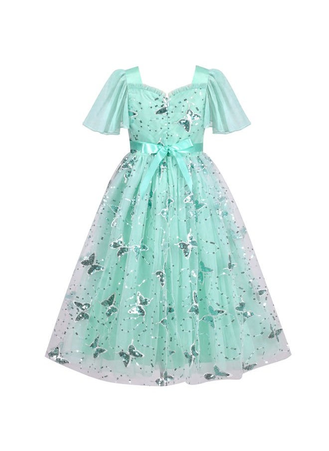 Sunny Fashion - Flower Girls Dress Aqua Green Butterfly Sequin Party Princess Formal Size 8 - Image 1