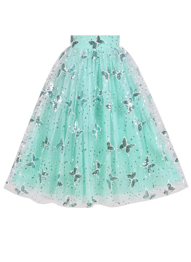 Sunny Fashion - Flower Girls Dress Aqua Green Butterfly Sequin Party Princess Formal Size 8 - Image 1