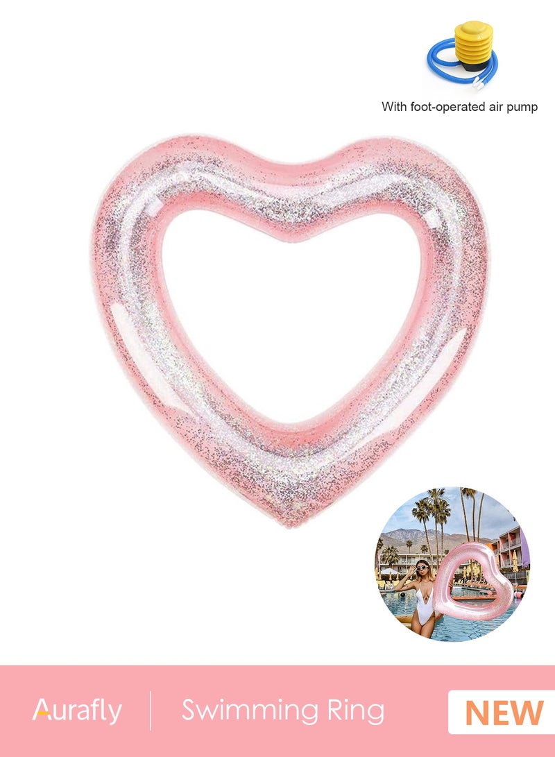 أورافلي حلقة سباحة قابلة للنفخ، عوامات سباحة على شكل قلب مزينة بالترتر تأتي مع مضخة هواء، أنبوب عائم للبالغين والأطفال، لوازم حفلات السباحة الخارجية والشاطئ، لون وردي - Image 1