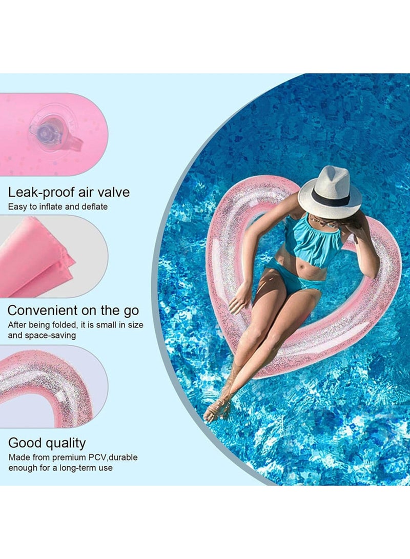 أورافلي حلقة سباحة قابلة للنفخ، عوامات سباحة على شكل قلب مزينة بالترتر تأتي مع مضخة هواء، أنبوب عائم للبالغين والأطفال، لوازم حفلات السباحة الخارجية والشاطئ، لون وردي - Image 2