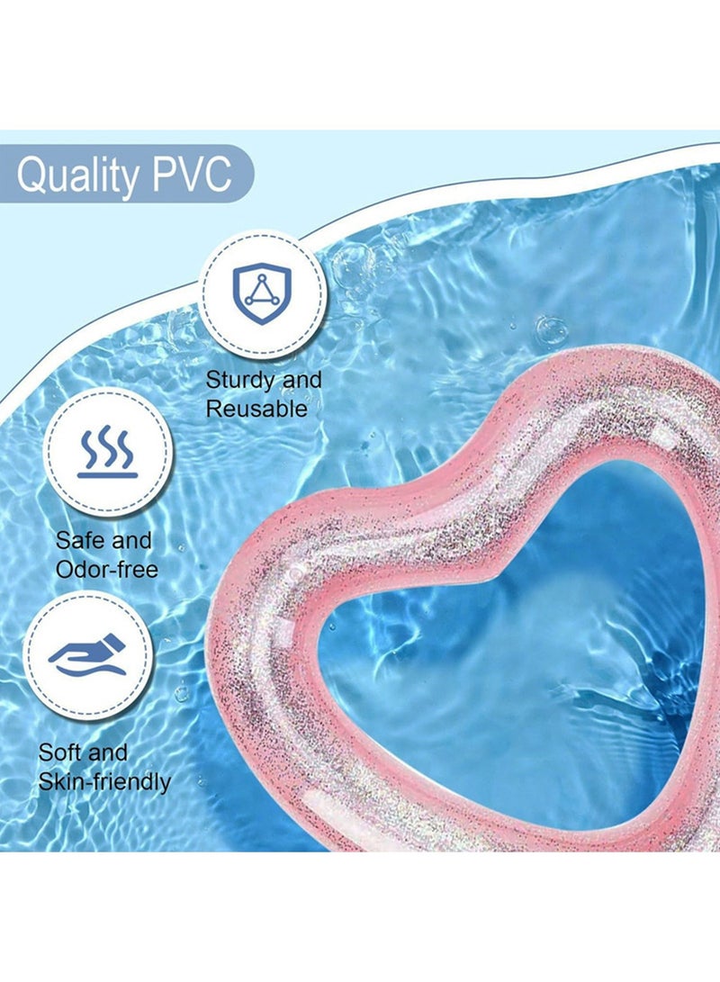 أورافلي حلقة سباحة قابلة للنفخ، عوامات سباحة على شكل قلب مزينة بالترتر تأتي مع مضخة هواء، أنبوب عائم للبالغين والأطفال، لوازم حفلات السباحة الخارجية والشاطئ، لون وردي - Image 3