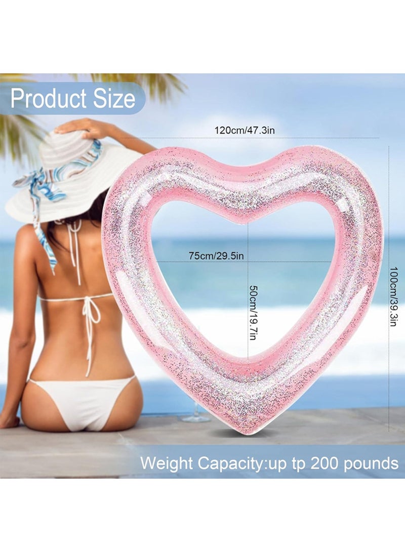 أورافلي حلقة سباحة قابلة للنفخ، عوامات سباحة على شكل قلب مزينة بالترتر تأتي مع مضخة هواء، أنبوب عائم للبالغين والأطفال، لوازم حفلات السباحة الخارجية والشاطئ، لون وردي - Image 4