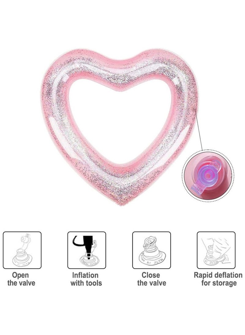 أورافلي حلقة سباحة قابلة للنفخ، عوامات سباحة على شكل قلب مزينة بالترتر تأتي مع مضخة هواء، أنبوب عائم للبالغين والأطفال، لوازم حفلات السباحة الخارجية والشاطئ، لون وردي - Image 5
