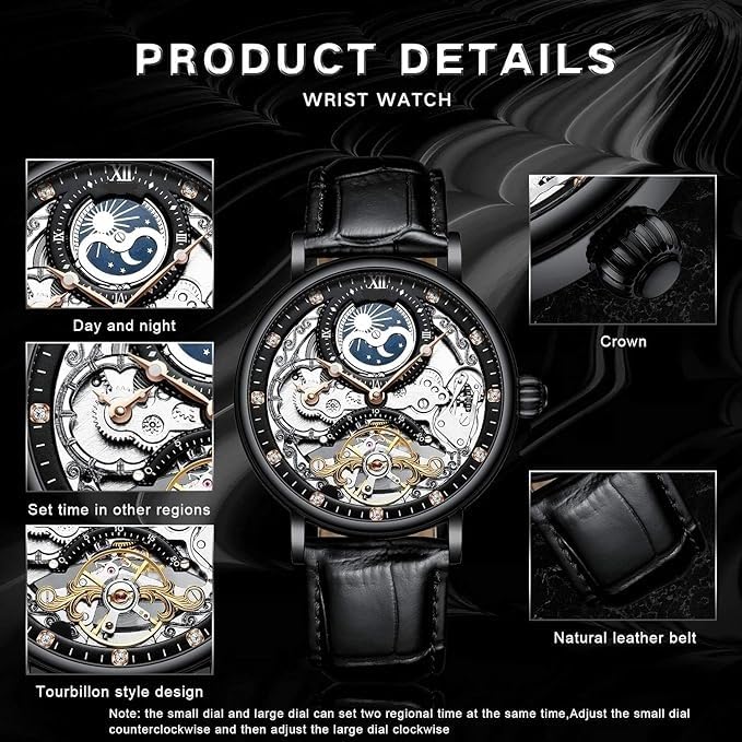 BeQuest: Quest For More Men's Luxury Skeleton Automatic Mechanical Leather Moon Phrase Luminous Hands Self-Wind Wrist Analog Watch (Black) - Image 4