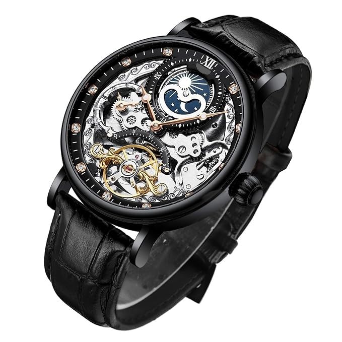 BeQuest: Quest For More Men's Luxury Skeleton Automatic Mechanical Leather Moon Phrase Luminous Hands Self-Wind Wrist Analog Watch (Black) - Image 1