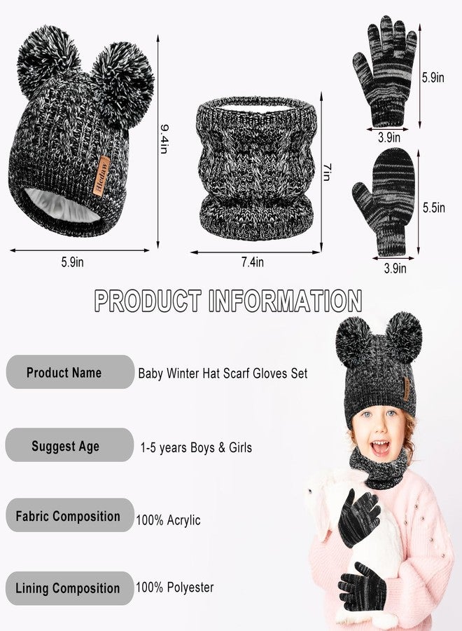 Hicdaw Kids Winter Hats Gloves Scarf Set Kids Mittens Double Pompom Cap Fleece Lined Toddler Beanie Hat for Boy Girl, Color E - Image 2