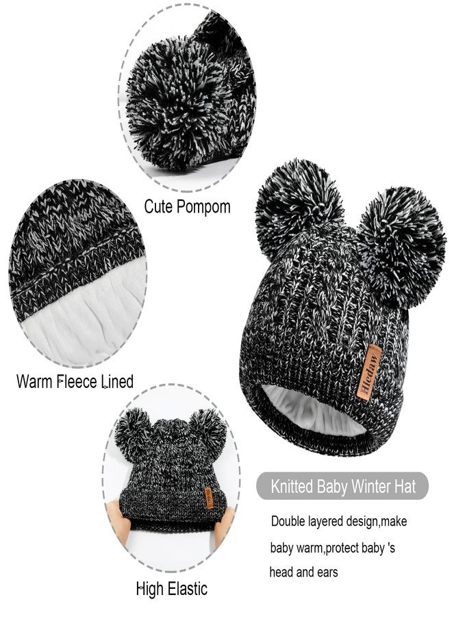 Hicdaw Kids Winter Hats Gloves Scarf Set Kids Mittens Double Pompom Cap Fleece Lined Toddler Beanie Hat for Boy Girl, Color E - Image 4