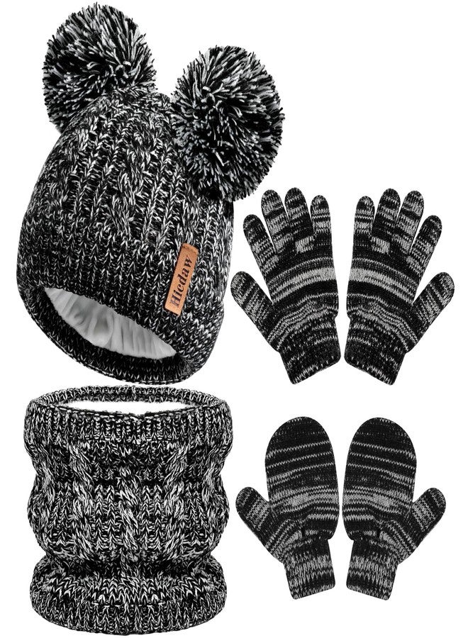 Hicdaw Kids Winter Hats Gloves Scarf Set Kids Mittens Double Pompom Cap Fleece Lined Toddler Beanie Hat for Boy Girl, Color E - Image 1