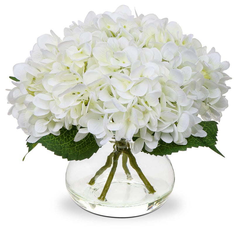 Hollyone Hydrangea Artificial Flowers with Vase White Silk Fake Flowers Arrangements in Glass Vase with Faux Water for Home Bathroom Office Table Centerpiece Shelf Decorations - Image 1
