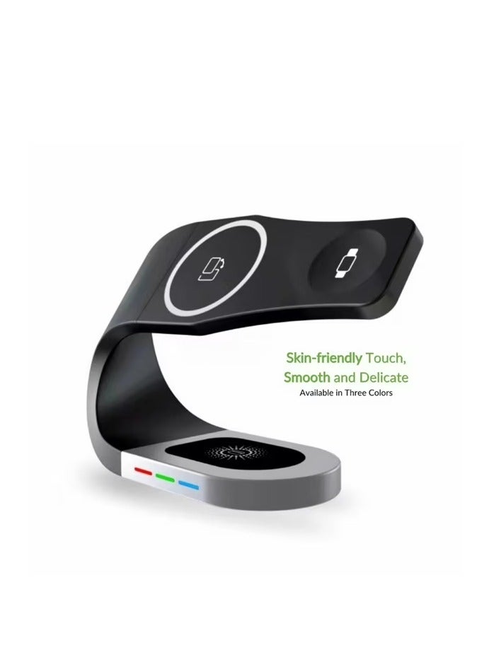 This 4-in-1 magnetic wireless charger features a modern and practical design, combining charging for your smartphone, smartwatch, and earbuds, plus an additional port for charging another device simultaneously. The charger features a strong magnetic hold that ensures the phone stays stable while charging, while supporting fast charging technology to get full power in less time. - Image 2