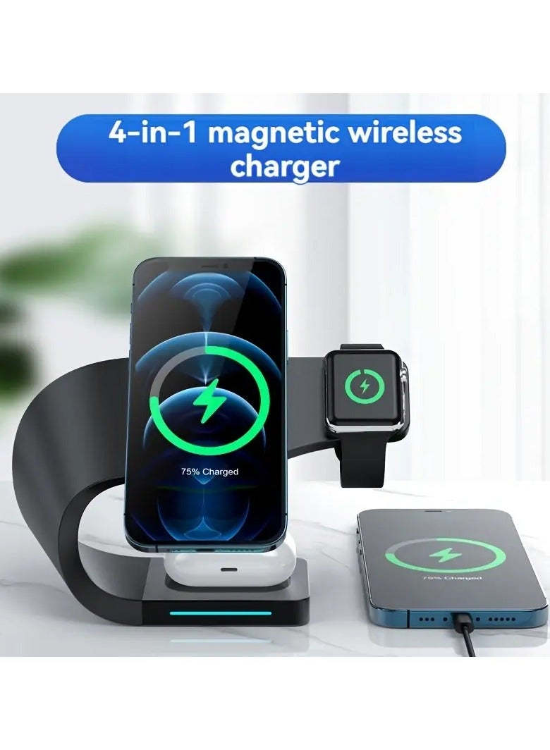 This 4-in-1 magnetic wireless charger features a modern and practical design, combining charging for your smartphone, smartwatch, and earbuds, plus an additional port for charging another device simultaneously. The charger features a strong magnetic hold that ensures the phone stays stable while charging, while supporting fast charging technology to get full power in less time. - Image 1