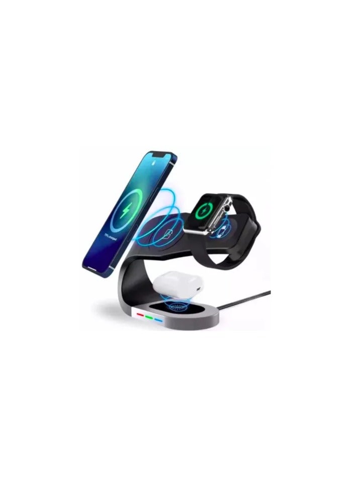 This 4-in-1 magnetic wireless charger features a modern and practical design, combining charging for your smartphone, smartwatch, and earbuds, plus an additional port for charging another device simultaneously. The charger features a strong magnetic hold that ensures the phone stays stable while charging, while supporting fast charging technology to get full power in less time. - Image 3