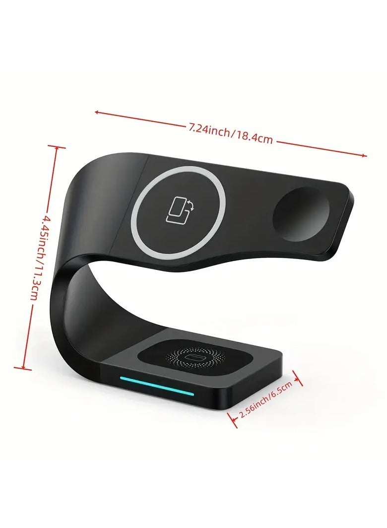 This 4-in-1 magnetic wireless charger features a modern and practical design, combining charging for your smartphone, smartwatch, and earbuds, plus an additional port for charging another device simultaneously. The charger features a strong magnetic hold that ensures the phone stays stable while charging, while supporting fast charging technology to get full power in less time. - Image 4