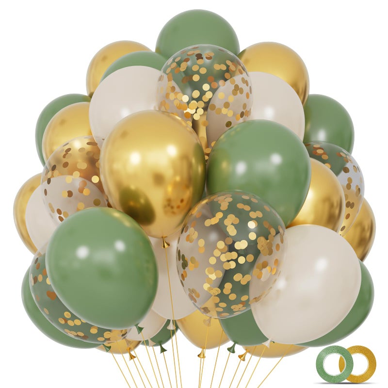 KUULBELA 68Pcs Balloons Kit 12 Inch, Sage Green Balloon Sand White Metallic Gold Balloon Confetti with Ribbons, Party Balloons for Baby Bridal Shower Wedding Birthday Decorations. - Image 1