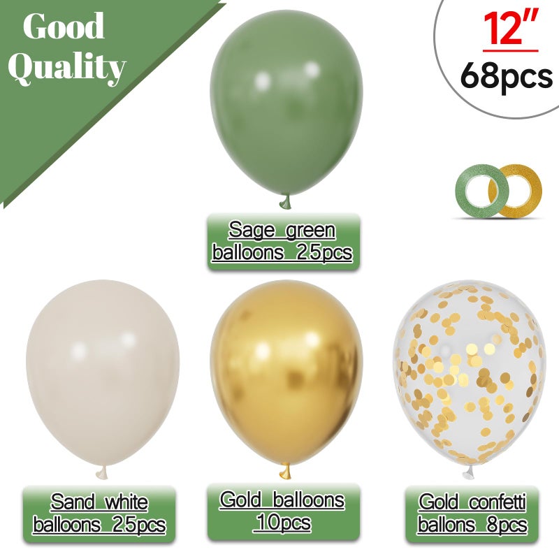KUULBELA 68Pcs Balloons Kit 12 Inch, Sage Green Balloon Sand White Metallic Gold Balloon Confetti with Ribbons, Party Balloons for Baby Bridal Shower Wedding Birthday Decorations. - Image 2
