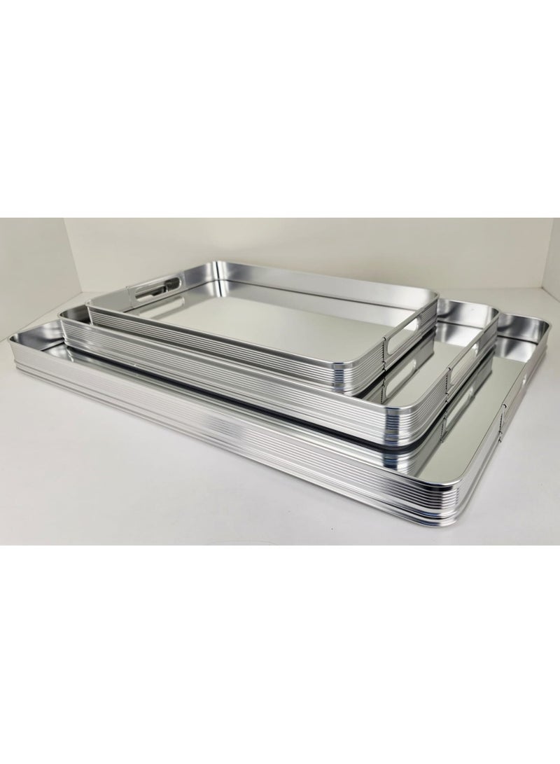 رادین طقم صواني تقديم زجاجية بمرايا 3 قطع | صواني مستطيلة بجسم معدني فاخر | صينية تقديم للشاي والقهوة والوجبات الخفيفة للمنزل والمجالس والحفلات والفنادق | تصميم متداخل | متينة وسهلة التنظيف