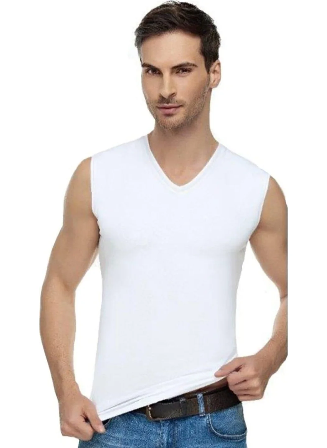 Tutku Elit 1305 Men's Elastane V-Neck Zero Sleeve Undershirt 6 Pieces