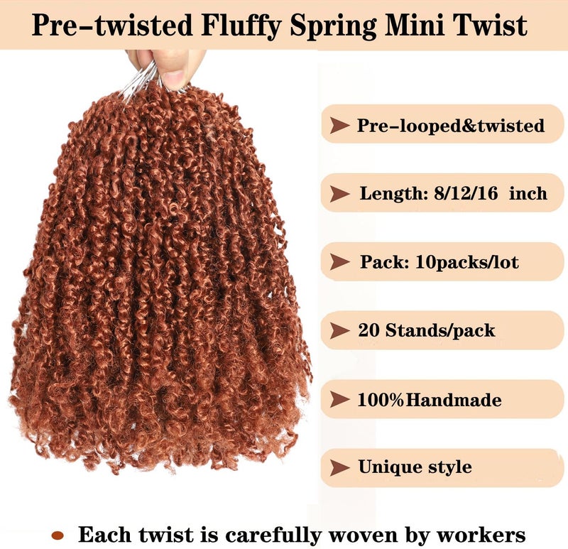 FALEMEI 10 Packs Yanky Twist Crochet Hair 12 Inch Pre-twisted Natural Black Mini Spring Twist Small Curly Senegalese Twist Braids Yankee Twist (350#(Ginger Red), 12 Inch (Pack of 10)) - Image 2