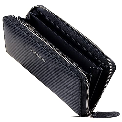 VISOUL Leather Long Zippered Pouch Wallet for Men with RFID Blocking Large Carbon Fiber Leather Clutch Cash Long Wallet with Zipper BlackBlack