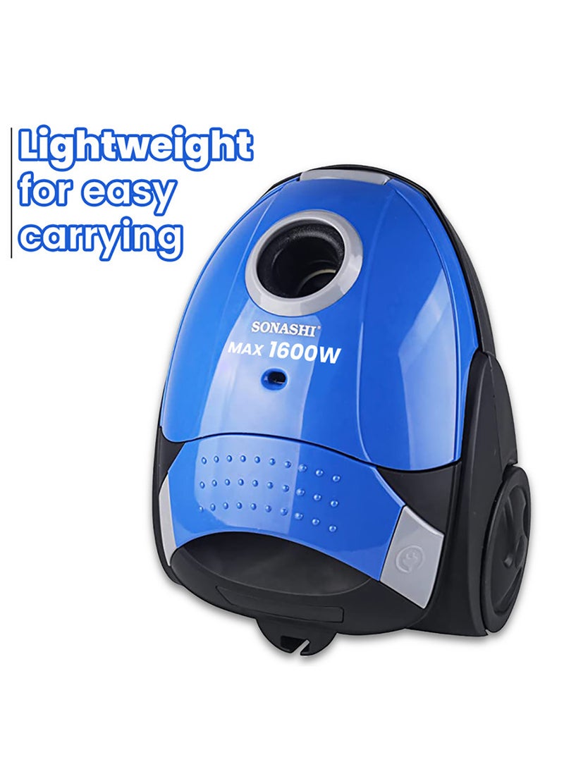 SONASHI 1.5L Canister Vacuum Cleaner | 2PC Plastic Insert Tube with Automatic Rewinding Wire | Lower Noise Design with Washable Cloth Dust Bag | Powerful Performance 1.5 L 1600 W SVC-9024 Black/Blue - Image 5