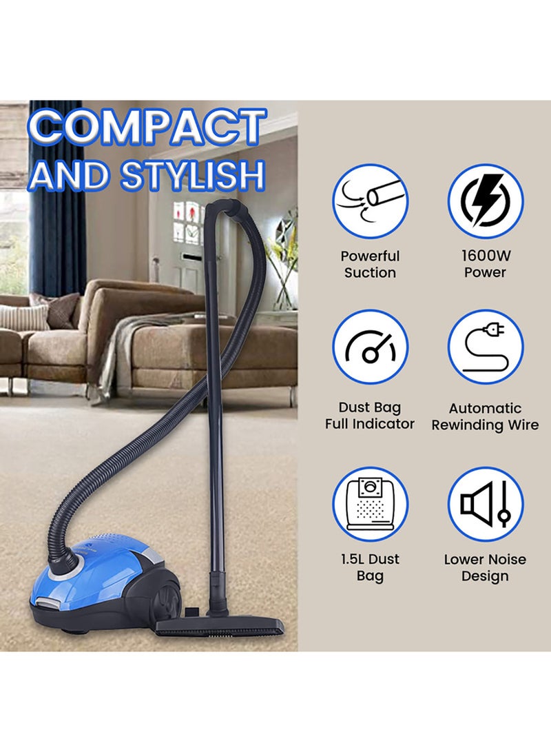 SONASHI 1.5L Canister Vacuum Cleaner | 2PC Plastic Insert Tube with Automatic Rewinding Wire | Lower Noise Design with Washable Cloth Dust Bag | Powerful Performance 1.5 L 1600 W SVC-9024 Black/Blue - Image 3