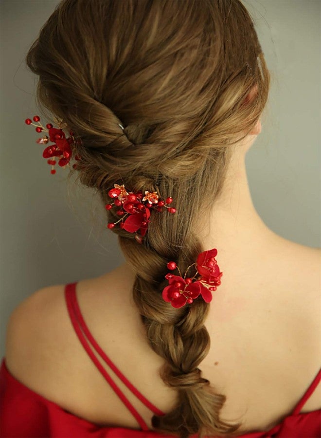 Chargances Set of 3pcs Red Hair Pins Bridal Flower Pearl Hair Pins Bridal Headpiece Crystal Hair Pin Wedding Hair Accessories Sparkle Boho Delicate Handmade Gold Jewelry Gift for Women and Girls - Image 3
