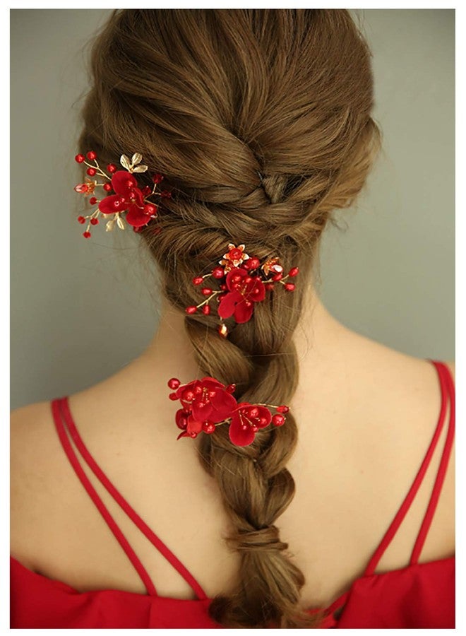 Chargances Set of 3pcs Red Hair Pins Bridal Flower Pearl Hair Pins Bridal Headpiece Crystal Hair Pin Wedding Hair Accessories Sparkle Boho Delicate Handmade Gold Jewelry Gift for Women and Girls - Image 1