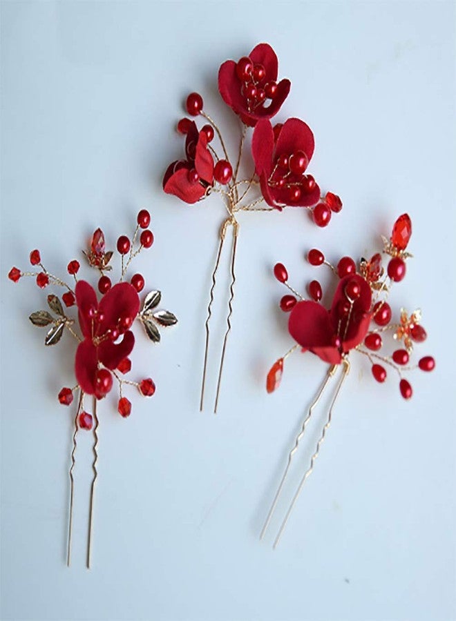 Chargances Set of 3pcs Red Hair Pins Bridal Flower Pearl Hair Pins Bridal Headpiece Crystal Hair Pin Wedding Hair Accessories Sparkle Boho Delicate Handmade Gold Jewelry Gift for Women and Girls - Image 4