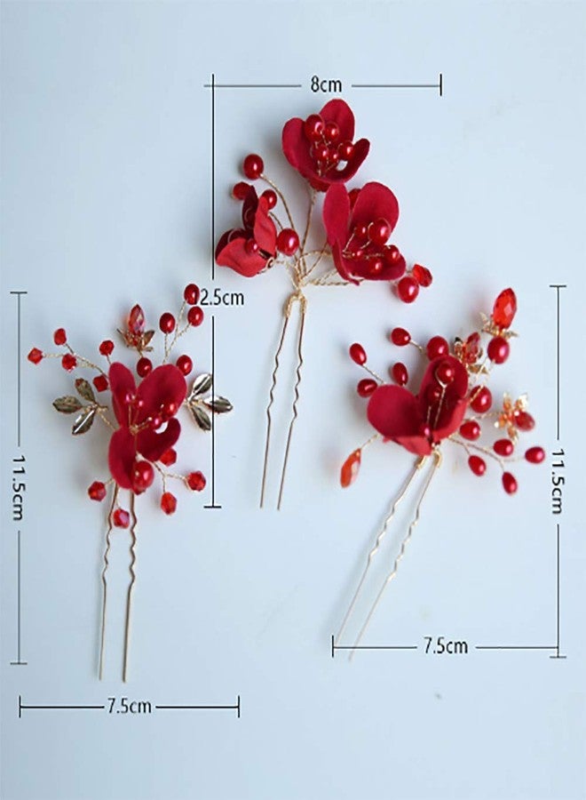 Chargances Set of 3pcs Red Hair Pins Bridal Flower Pearl Hair Pins Bridal Headpiece Crystal Hair Pin Wedding Hair Accessories Sparkle Boho Delicate Handmade Gold Jewelry Gift for Women and Girls - Image 5