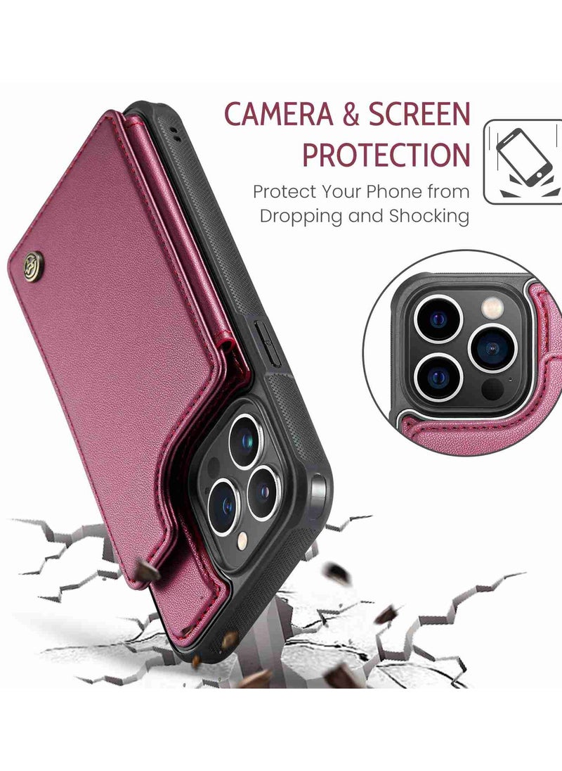 CaseMe - Wallet Case for iPhone 14 Pro Premium Handmade Durable PU Leather Slim Shockproof Case with [Double Magnetic Clasp] [Card Holder] [Kickstand] [RFID Blocking] (Red) - Image 1