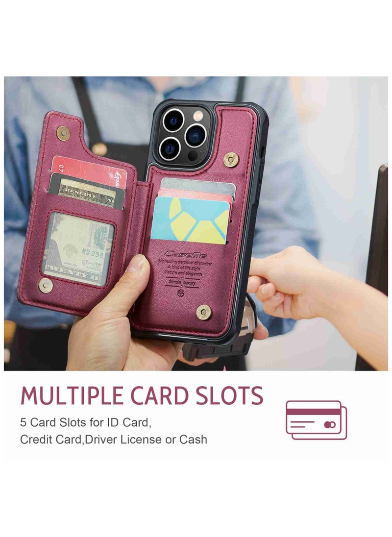 CaseMe - Wallet Case for iPhone 14 Pro Premium Handmade Durable PU Leather Slim Shockproof Case with [Double Magnetic Clasp] [Card Holder] [Kickstand] [RFID Blocking] (Red) - Image 1