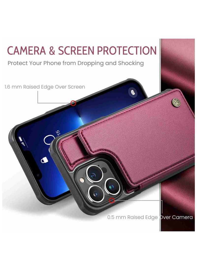 CaseMe - Wallet Case for iPhone 14 Pro Premium Handmade Durable PU Leather Slim Shockproof Case with [Double Magnetic Clasp] [Card Holder] [Kickstand] [RFID Blocking] (Red) - Image 1